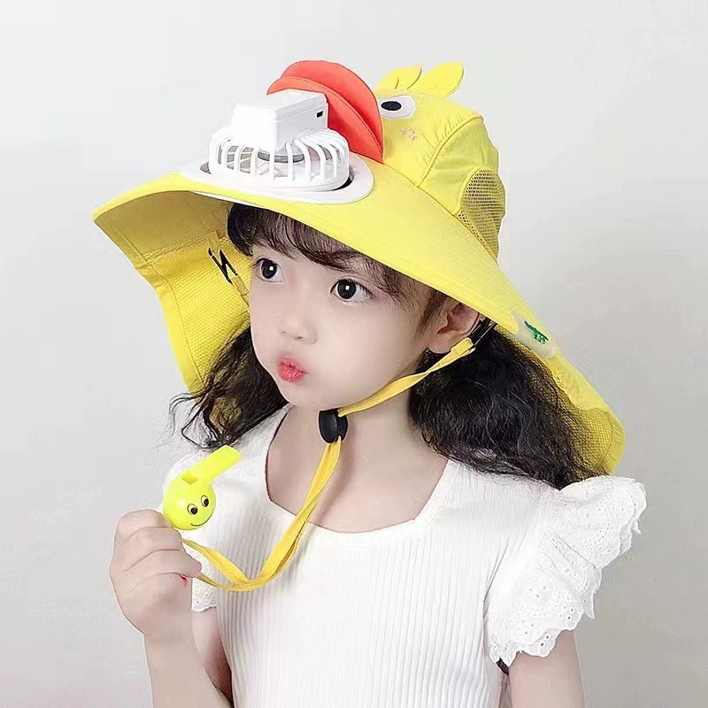 Kids Cartoon Sun Hat with Cooling Fan, UPF50+ Wide Brim Neck Flap
