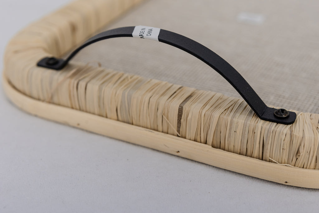Raffia Wrapped Serving Tray with Metal Handles Boho Coffee Table Decor