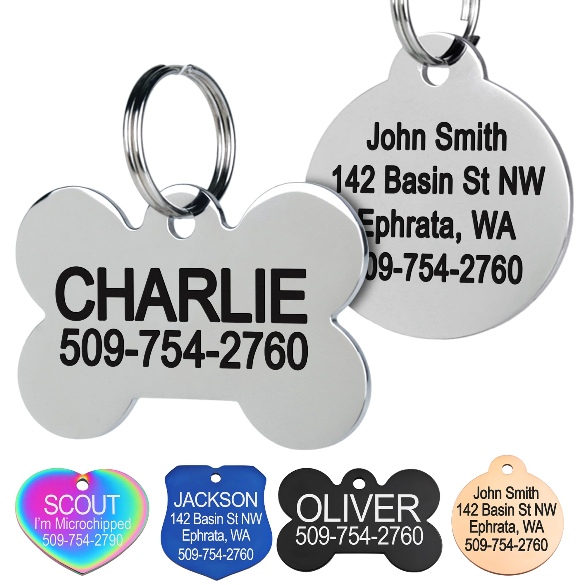 GoTags Stainless Steel Pet ID Tags Personalized Dog Tags and Cat Tags up to 8 Lines of Custom Text Engraved on Both Sides in Bone Round Heart Bowtie and More (Dog Bone Regular (Pack of 1))